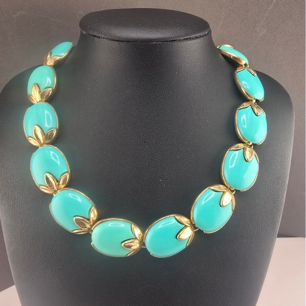 Vintage Trifari Necklace Trinidad Blue Gold Tone Leaf Cabochon Choker